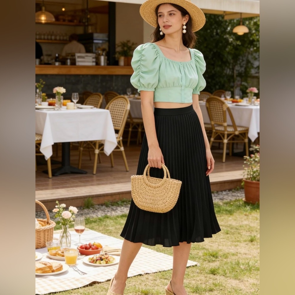 Grace Karin Pleated Black Chiffon Midi Skirt Elastic Waist Swing A-Line size M - Picture 4 of 7